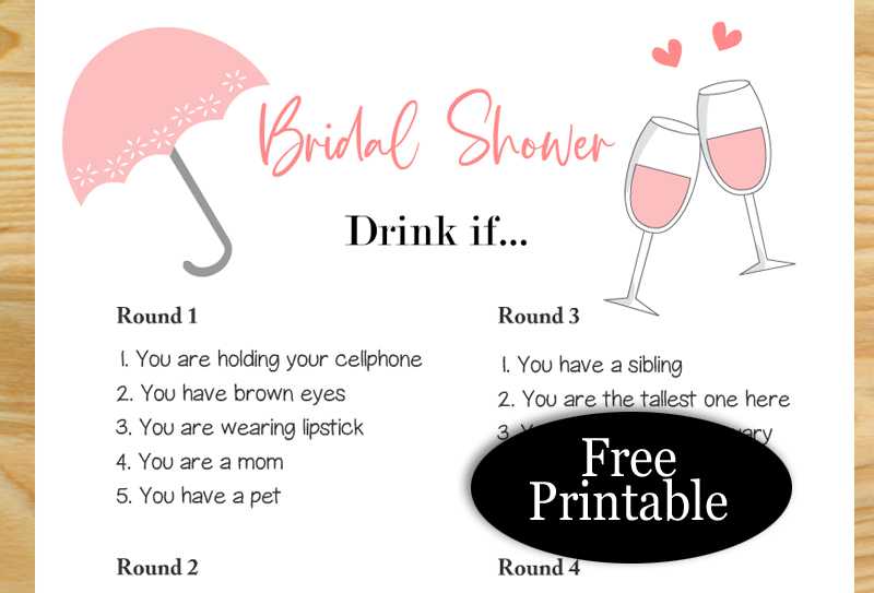 Free Printable Bridal Shower 'Drink if' Game