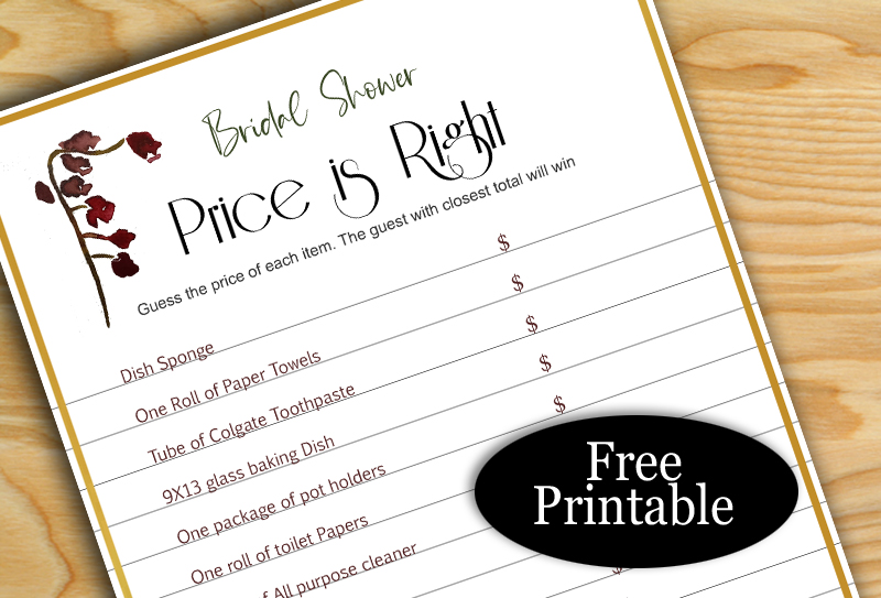 Price is Right, Free Printable Bridal Shower Game