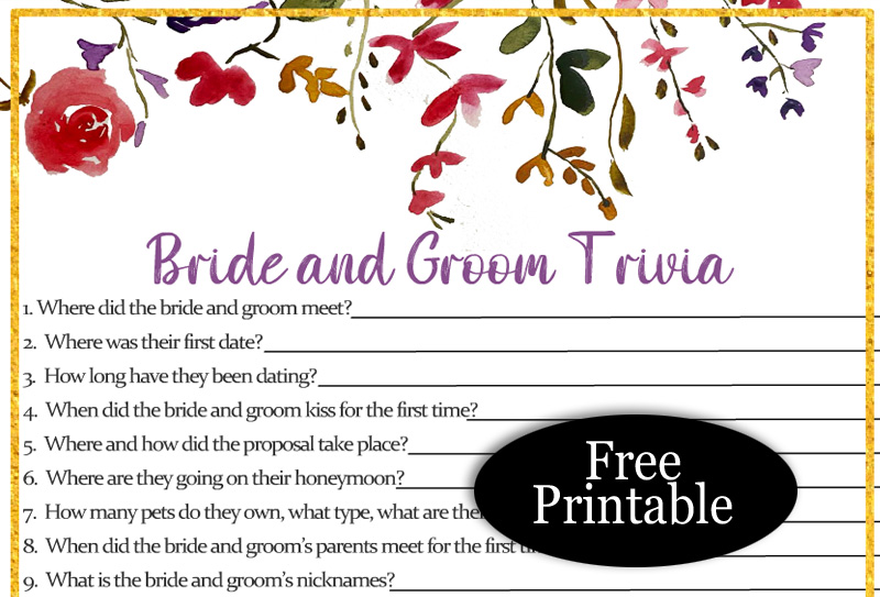 Free Printable Bride and Groom Trivia Quiz for Bridal Shower