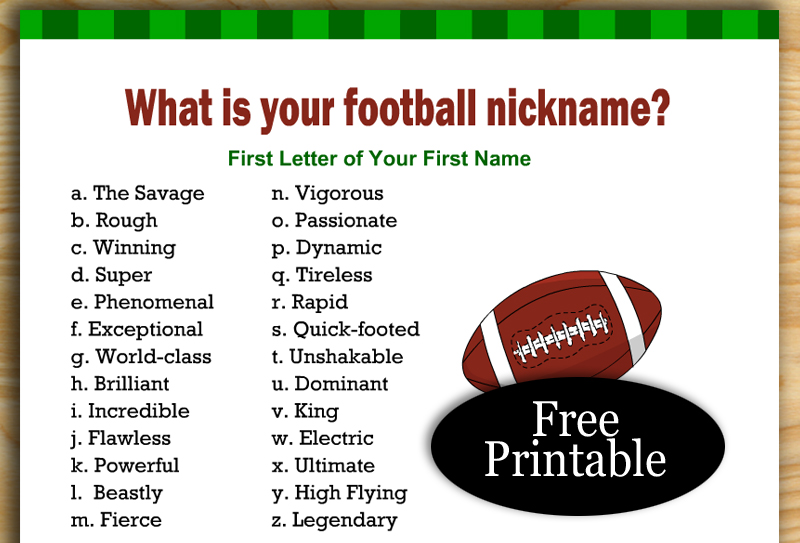 Free Printable What is your Football Nickname?Game