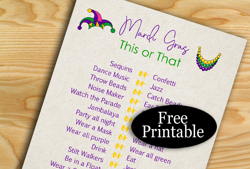 Free Printable Mardi Gras This or That Game