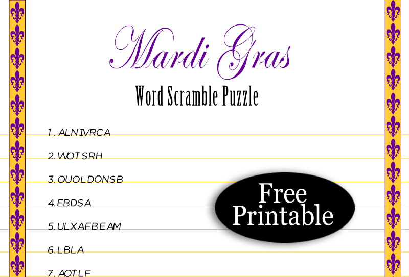 Free Printable Mardi Gras Word Scramble Puzzle with Key