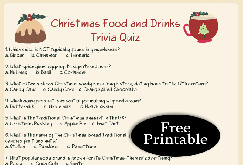 Free Printable Christmas Food and Drinks Trivia Quiz